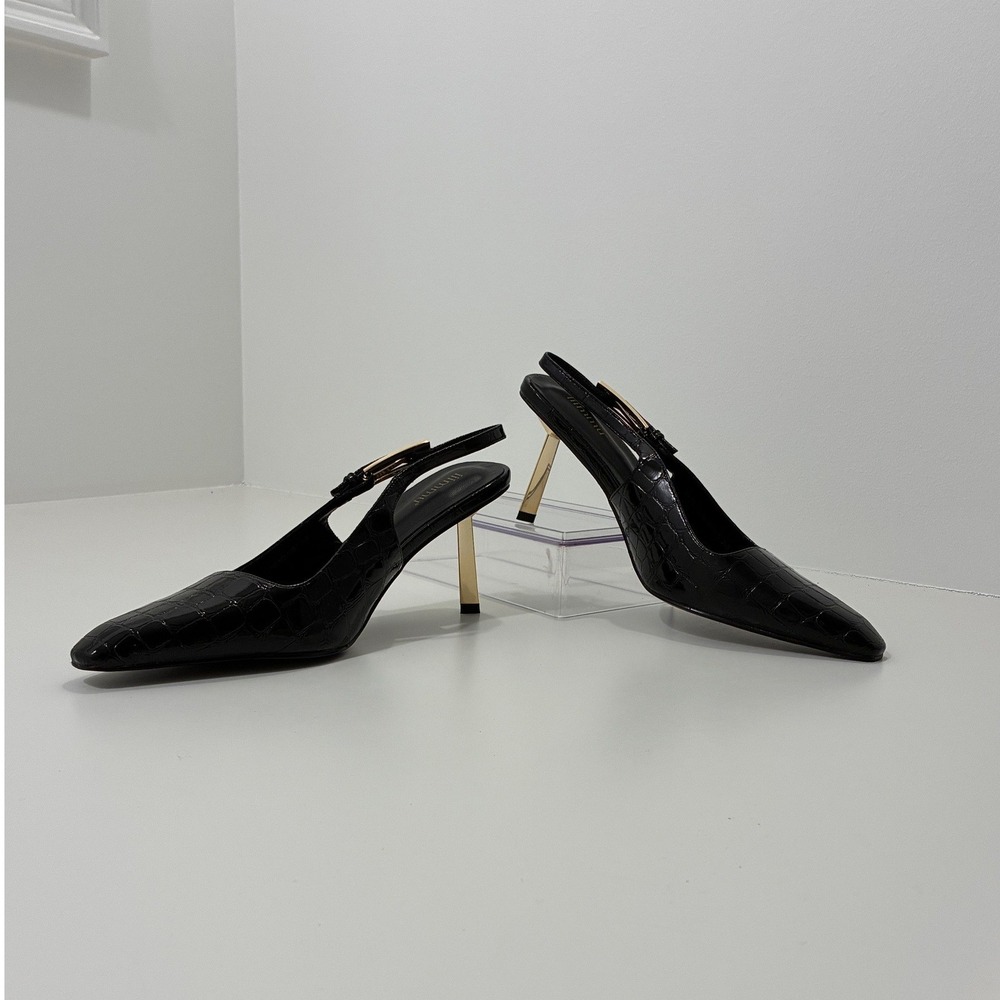 iiimmu Black Croc Embossed Slingback with Gold Sculptural Heel Pointed Toe Heels